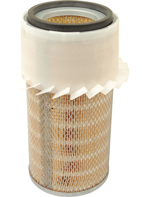 Close-up of the Sparex Air Filter - Outer AF409KM (Sparex Part No.S.108900) with a mesh exterior and pleated paper filter element inside. The top section is encased in a white plastic frame with a rubber seal, showcasing the quality craftsmanship typical of Sparex products.