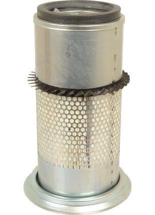 A high-quality Sparex Air Filter - Outer - AF4655KM (Sparex Part No. S.108922) features a metallic cylindrical design, a mesh middle section, and a toothed edge near the top, reminiscent of Donaldson Filters’ premium offerings.