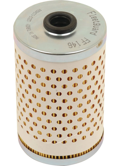 The Fuel Filter - Element - FF146 from Sparex (Sparex Part No.S.109019) is a cylindrical unit made of metal and paper with perforated holes, a metal top featuring a central hole, and printed specifications.