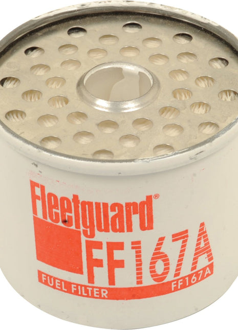 Image of a cylindrical Sparex fuel filter (Part No. S.109024), model FF167A, featuring a metal top with multiple small circular holes and printed text on the side. Ideal for Case IH equipment, this high-quality fuel filter ensures optimal performance.