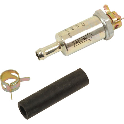 A Sparex Fuel Filter - Element - FF179 (Sparex Part No.S.109026), rubber hose, and clamp isolated on a white background.