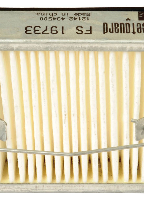 A square white air filter labeled "Fuel Separator - Element - FS19733 | Sparex Part No. S.109147" from the brand Sparex, featuring a metal casing and wire holder, is shown.