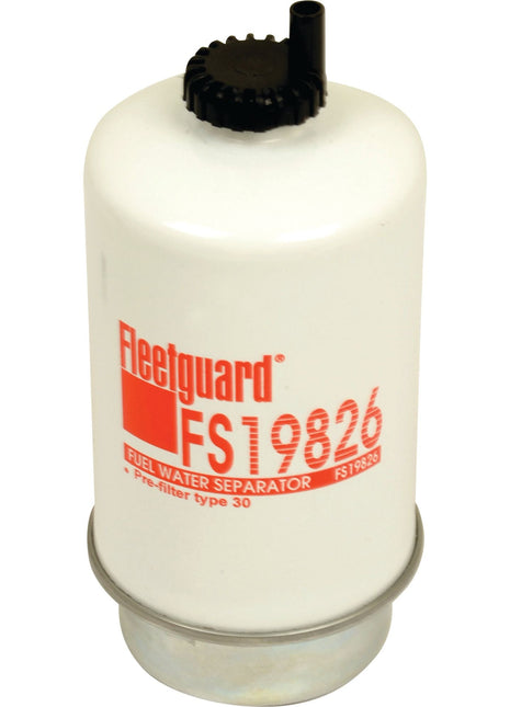 Image of a Sparex Fuel Separator - Element - FS19826 (Sparex Part No. S.109156), featuring a white cylindrical body, black cap, and red text, with a pre-filter type 30.