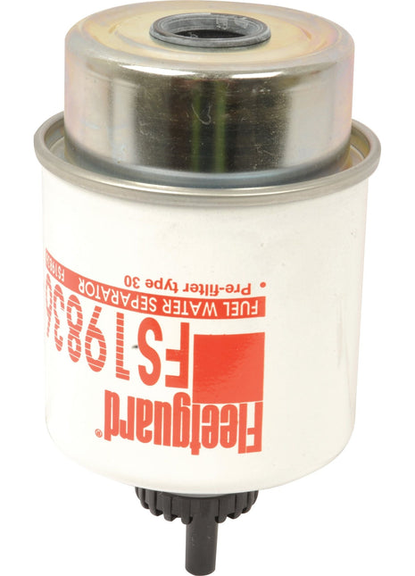 Close-up of a white and silver Sparex Fuel Separator - Element FS19836 (Sparex Part No. S.109165), featuring red text and a black connector at the bottom, similar to what is used in Massey Ferguson 5465 machinery.