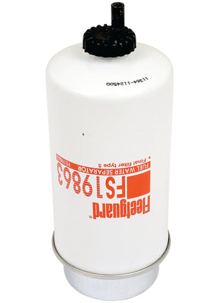 A white cylindrical fuel separator filter with a black nozzle on top and a red label reading "Sparex Fuel Separator - Spin On - FS19863, Sparex Part No. S.109169.