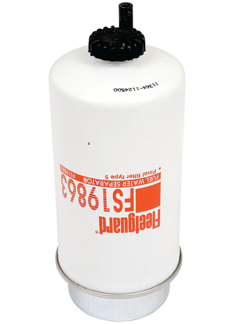 A white cylindrical fuel separator filter with a black nozzle on top and a red label reading "Sparex Fuel Separator - Spin On - FS19863, Sparex Part No. S.109169.