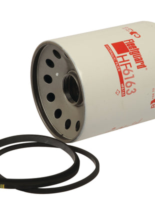 A Sparex cylindrical hydraulic filter, Spin On HF6163 (Sparex Part No.S.109294), features a metal base with multiple holes and includes two black rubber O-rings, specifically designed for Massey Ferguson 220.