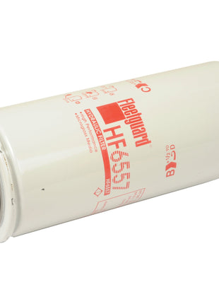 A white cylindrical Sparex Hydraulic Filter - Spin On - HF6557 with red text and a threaded opening, compatible with John Deere.