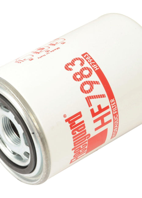 A white cylindrical hydraulic filter with a metal base and printed text indicating the model number HF7983 and "Sparex," suitable for a JCB 530-70, referred to as Hydraulic Filter - Spin On - HF7983 | Sparex Part No. S.109372.