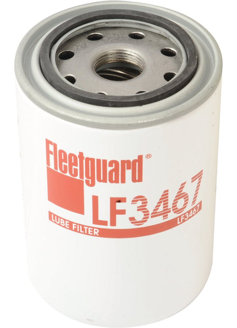 The Sparex Oil Filter - Spin On - LF3467 (Sparex Part No. S.109412), designed for models such as the John Deere 5075E, features a white cylindrical exterior and a metallic top with multiple holes.