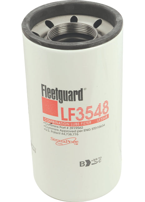 A Sparex oil filter - Spin On - LF3548 (Sparex Part No. S.109421) with part numbers and specifications printed on its white cylindrical body, is compatible with Case IH equipment.