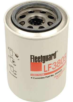 A white cylindrical Sparex S.109447 oil filter - Spin On - LF3805, featuring black and red labeling, an open metallic top revealing the filter mechanism, and compatibility with Case IH / International Harvester and Ford / New Holland equipment.