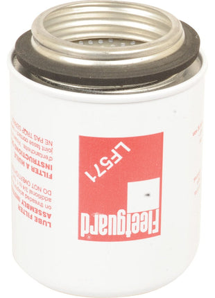 Image of a white and red Sparex Oil Filter - Spin On - LF571 (Sparex Part No. S.109483) standing upright, designed with a Mason jar thread for secure installation.