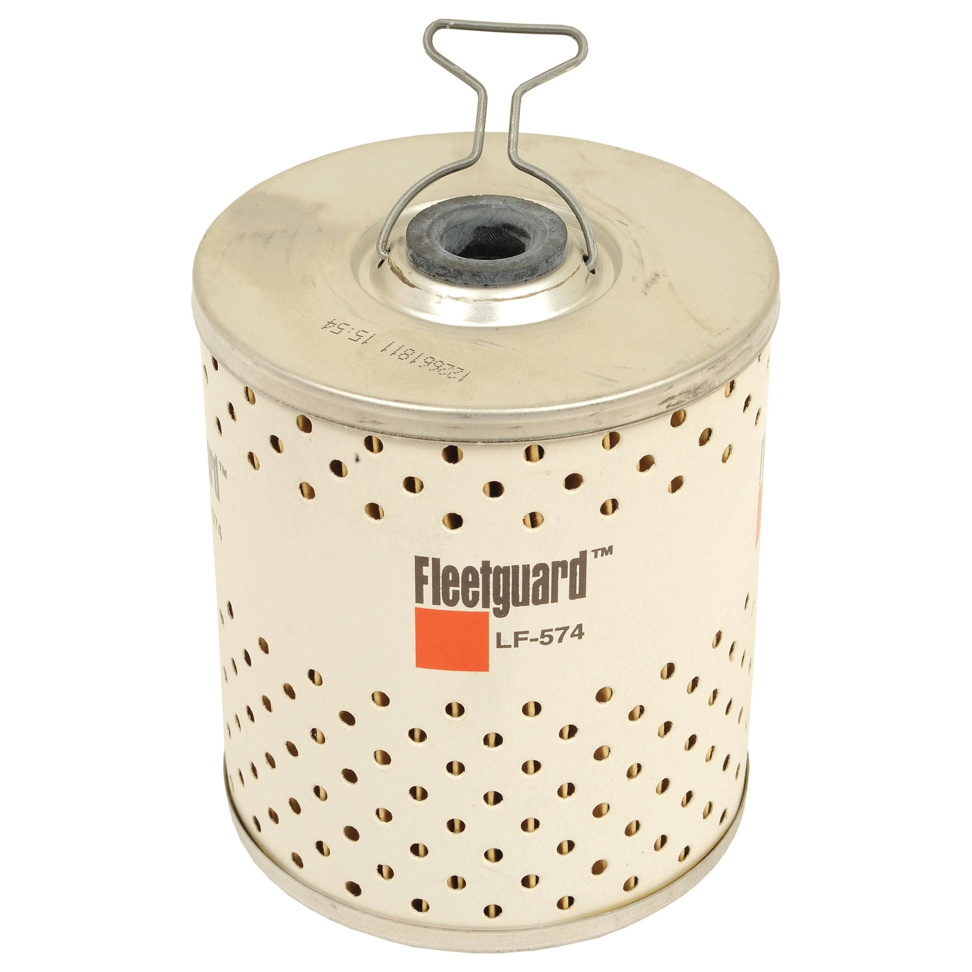 The Sparex Oil Filter Element LF574 (Sparex Part No. S.109485) is a cylindrical filter designed for Massey Ferguson tractors, featuring a metal top and bottom, multiple small holes across its surface, and a wire handle on the top.