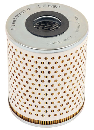 The Sparex Oil Filter - Element - LF598 (Sparex Part No. S.109493) is a cylindrical filter featuring perforated sidewalls, metal top and bottom plates, and partially visible manufacturer details including "Made in Turkey." It is ideal for use in agricultural machinery such as Claas DOMINATOR or Massey Ferguson tractors.