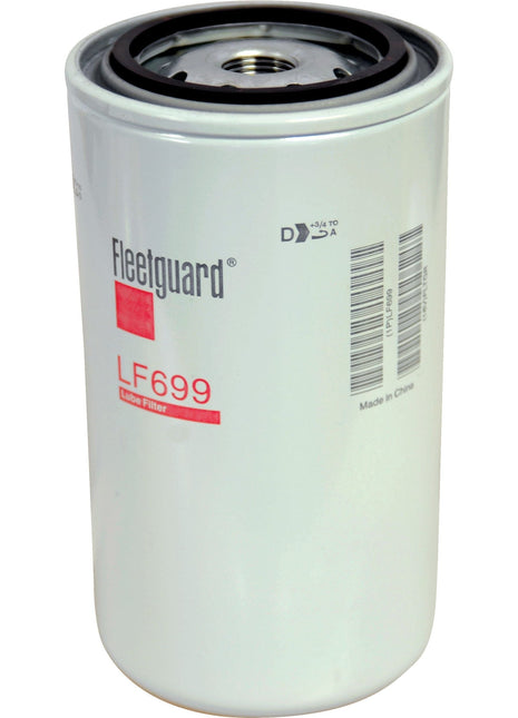 A white cylindrical Spin On oil filter branded with "Sparex" and labeled "Fleetguard LF699 - Sparex Part No. S.109512," featuring a barcode, text indicating "Made in China," and fitting specifications of 3/4 - 16 UNF-2B.