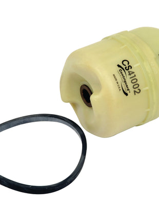 A yellow Fleetguard Centrifugal Filter system motor oil filter, labeled "CS41002" with a black rubber O-ring next to it and compatible with Sparex Part No.S.109582.