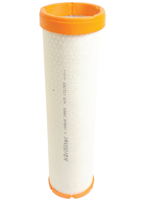 Cylindrical air filter with a white body and orange caps on both ends, branded with the "Sparex" name, specifically designed as an inner air filter (Sparex Part No.S.109648) compatible with Case IH machinery.