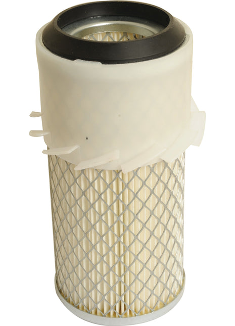 The Sparex Air Filter - Outer (Part No. S.109674) features a cylindrical design with a metal mesh exterior and white plastic frame, making it ideal for models like the Kubota B5100. It has an open end with a black rubber seal.