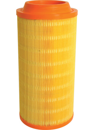 The "Air Filter - Outer | Sparex Part No.S.109675" by Sparex features a cylindrical design with yellow pleated paper and orange rubber caps on both ends, ideal for John Deere and Deutz-Fahr AGROTRON machinery.