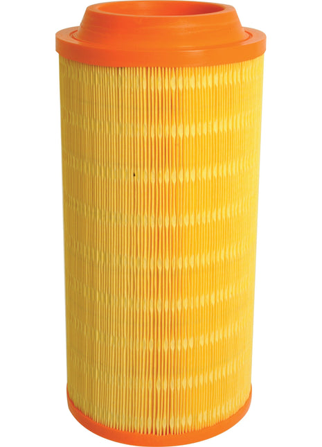 The "Air Filter - Outer | Sparex Part No.S.109675" by Sparex features a cylindrical design with yellow pleated paper and orange rubber caps on both ends, ideal for John Deere and Deutz-Fahr AGROTRON machinery.