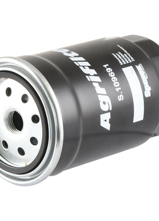 A black cylindrical fuel filter with "Sparex Agrifilter S.109691" and additional text printed on it, featuring a metal rim with holes on one end, designed for spin-on applications.