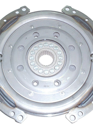 A close-up of the Clutch Damper - S.109697 by Sparex reveals a meticulously crafted metal mechanical component with a circular design, featuring a toothed central hub and multiple bolted connections around the perimeter, reminiscent of Massey Ferguson machinery.