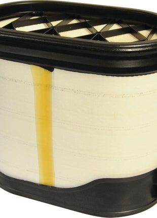 The Air Filter - Outer (Sparex Part No. S.109702) by Sparex is a cylindrical air filter cartridge compatible with Donaldson Filters, featuring a black plastic frame and pleated white filter material with a distinct vertical yellow stain.