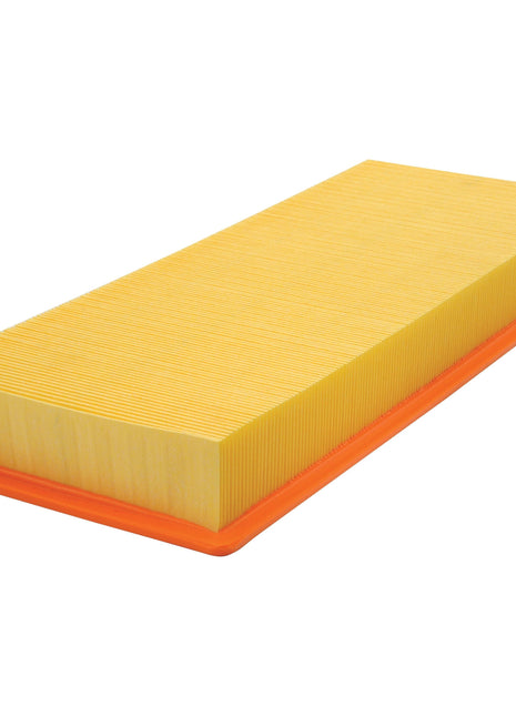 A rectangular yellow air filter with pleated paper sits on an orange base, making it perfect for use as a Massey Ferguson cab filter. This product is known as the Cab Filter, Sparex Part No. S.109734, by Sparex.