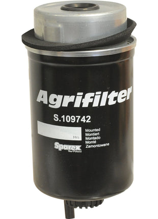 A Fuel Filter - Element, featuring the model number S.109742 by Sparex, is specifically engineered for AGCO V836862600 agricultural machinery. The black filter's branding and surface text affirm its essential role as a fuel filter component, ensuring optimal performance for your equipment.