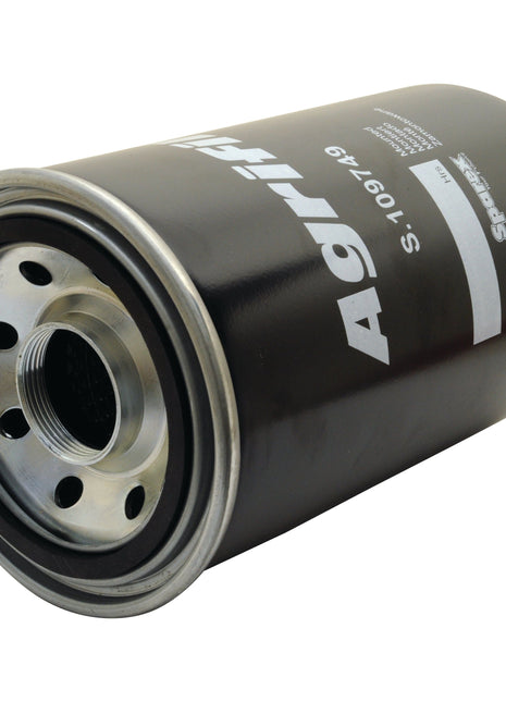 A black cylindrical hydraulic spin-on filter, labeled "Sparex Part No. S.109749" with metal threading and multiple holes around the top edge, resembles the quality found in Donaldson Filters.