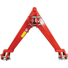 The A Frame Quick Hitch System (Cat.1) CE Approved - S.110168 by Sparex is a robust red triangular lifting spreader beam with chains and attachment points, engineered to distribute load effectively during heavy-duty lifting operations. CE approved, it offers an outstanding load capacity of 1200Kg.