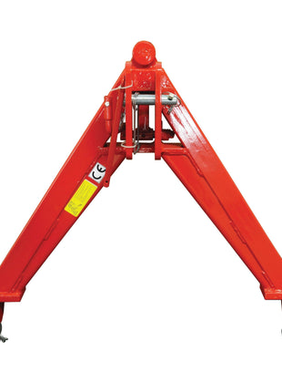 The A Frame Quick Hitch System (Cat.1) CE Approved - S.110168 by Sparex is a robust red triangular lifting spreader beam with chains and attachment points, engineered to distribute load effectively during heavy-duty lifting operations. CE approved, it offers an outstanding load capacity of 1200Kg.