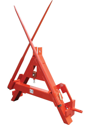 The Bale Frame - 2 x M22 x 1100mm Tines (Sparex Brand) - S.110176 in red provides a sturdy frame with two long vertical spears and has an impressive load capacity of 800Kg for efficient Big Bale transport.