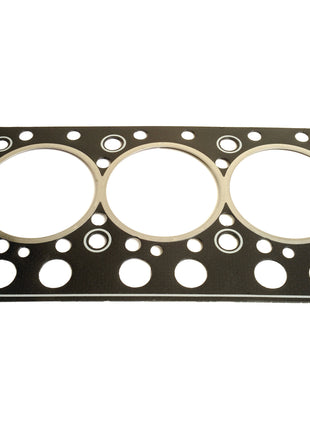 The Sparex Head Gasket - 3 Cyl. & 6 Cyl. (311D, 311DS, 311C, 311CS, 611D) | Sparex Part No.S.110946 for Valmet and Valtra engines features multiple circular openings and small holes for bolts, when viewed from above.