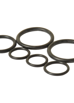 A collection of six black rubber O-rings of varying sizes, arranged on a white background. Ideal for use with Massey Ferguson, Case IH / International Harvester, and Sparex machinery. Product Name: O Ring (Pk of 6) | Sparex Part No.S.111002 by Sparex.
