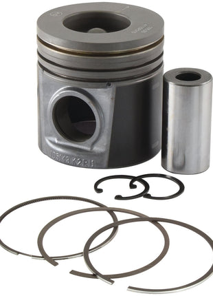 Piston & Ring Set | Sparex Part No. S.111800 assembly kit suitable for Landini and Massey Ferguson, including a piston, wrist pin, circlips, and piston rings, arranged on a white background.