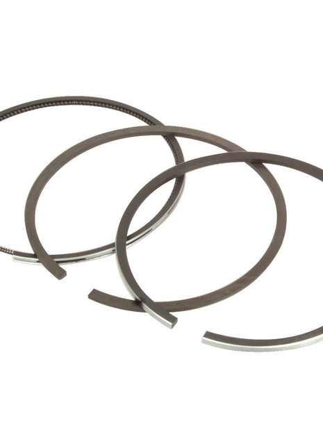 Three metal piston rings arranged in a slight arc, with one ring featuring an indentation pattern around its circumference, compatible with Massey Ferguson engines (Sparex Piston Ring | Part No. S.111803).