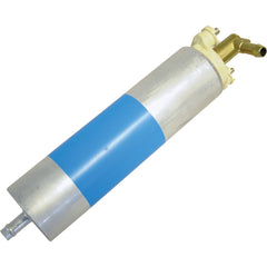 Sparex NLA's Fuel Pump - Electric (Part No. S.111817) is a cylindrical metal canister with a blue band in the middle, featuring brass fittings on one end and a small outlet on the other; designed as an electric 12V fuel pump.