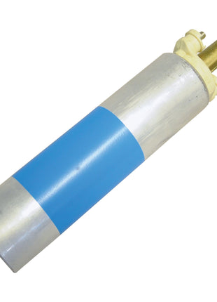 Sparex NLA's Fuel Pump - Electric (Part No. S.111817) is a cylindrical metal canister with a blue band in the middle, featuring brass fittings on one end and a small outlet on the other; designed as an electric 12V fuel pump.