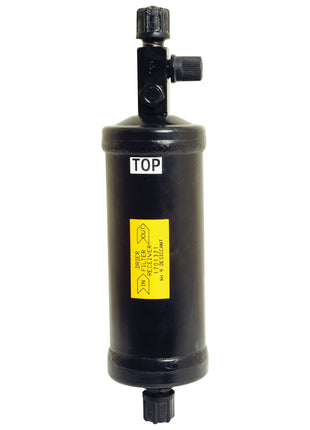 A black, cylindrical filter branded as Sparex and labeled with "Filter Drier - S.111937" features two threaded ports on opposite ends and a yellow label. The word "TOP" is indicated near the top port.