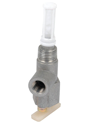 Introducing the Sparex Fuel Tap (Sparex Part No. S.11193), a robust metal plumbing valve equipped with a 1/2'' UNF female outlet. It features a white plastic filter mesh at the top and is designed with an additional white lever at the bottom for easy operation.