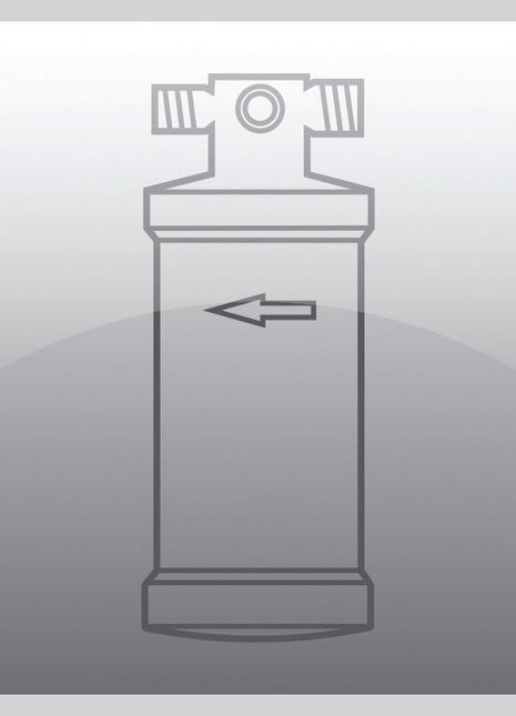 Line drawing of Sparex Filter Drier - S.111940 with an arrow pointing left on it, enclosed in a square with rounded corners. This design is compatible with Massey Ferguson and Ford / New Holland models.