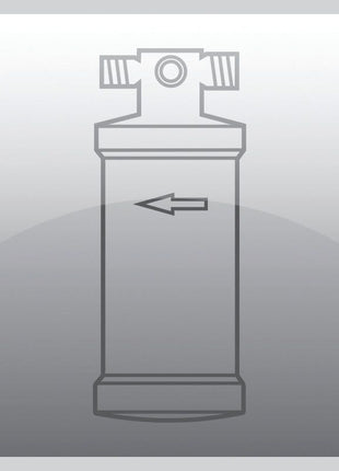 Line drawing of Sparex Filter Drier - S.111940 with an arrow pointing left on it, enclosed in a square with rounded corners. This design is compatible with Massey Ferguson and Ford / New Holland models.