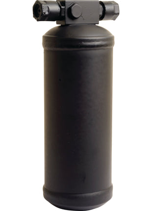 A black cylindrical metal canister, identified as the Sparex Filter Drier - S.111946, with a pipe fitting on top, stands upright against a plain white background, resembling components found in Massey Ferguson machinery.