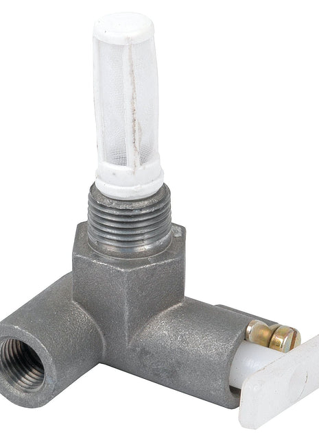 The Fuel Tap Gauze Filter (Sparex Part No.S.11194) by Sparex is a T-shaped metal valve featuring a white plastic filter on the top, a white lever on the side, and a 3/8'' BSPT male thread.