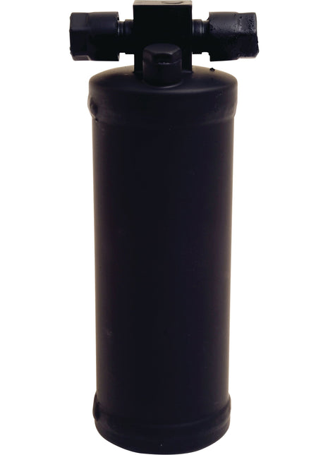 The black cylindrical object, featuring a valve and fittings at the top, is likely a component for fluid or gas systems. It could be compatible with Massey Ferguson machinery and corresponds to the Sparex Filter Drier, catalog number S.111958.