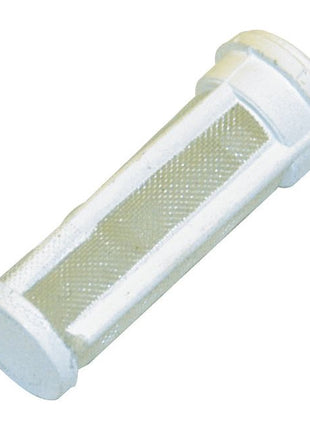 A Sparex Fuel Tap Gauze Filter (Part No. S.11196), featuring a cylindrical mesh design and white plastic end caps, is commonly used for straining particles from liquids and is compatible with Massey Ferguson machinery.