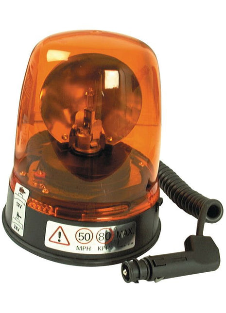 A Sparex Halogen Beacon, Magnetic, 12V - S.11203 in orange with a coiled power cord and plug, displays speed and voltage specifications on the base.