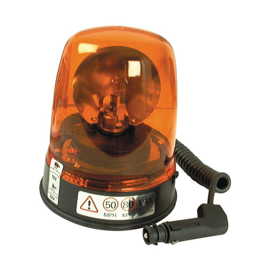 A Sparex Halogen Beacon, Magnetic, 12V - S.11203 in orange with a coiled power cord and plug, displays speed and voltage specifications on the base.